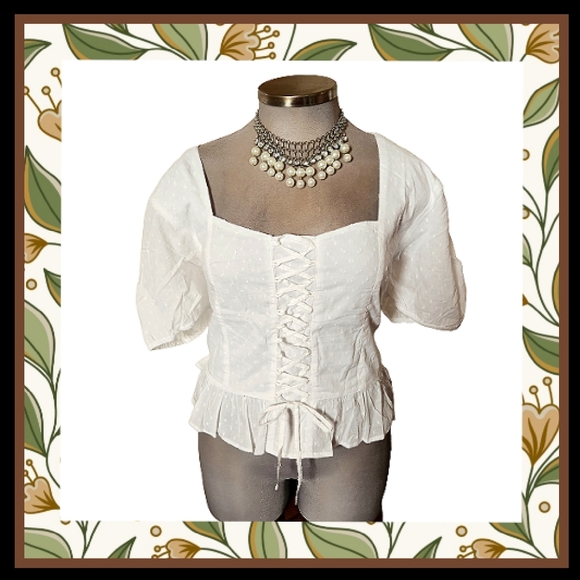 SWISS DOT ☆ WHITE LACE UP  ☆ SWEETHEART PEASANT TOP ☆ 3x ☆ NWT - Picture 1 of 9